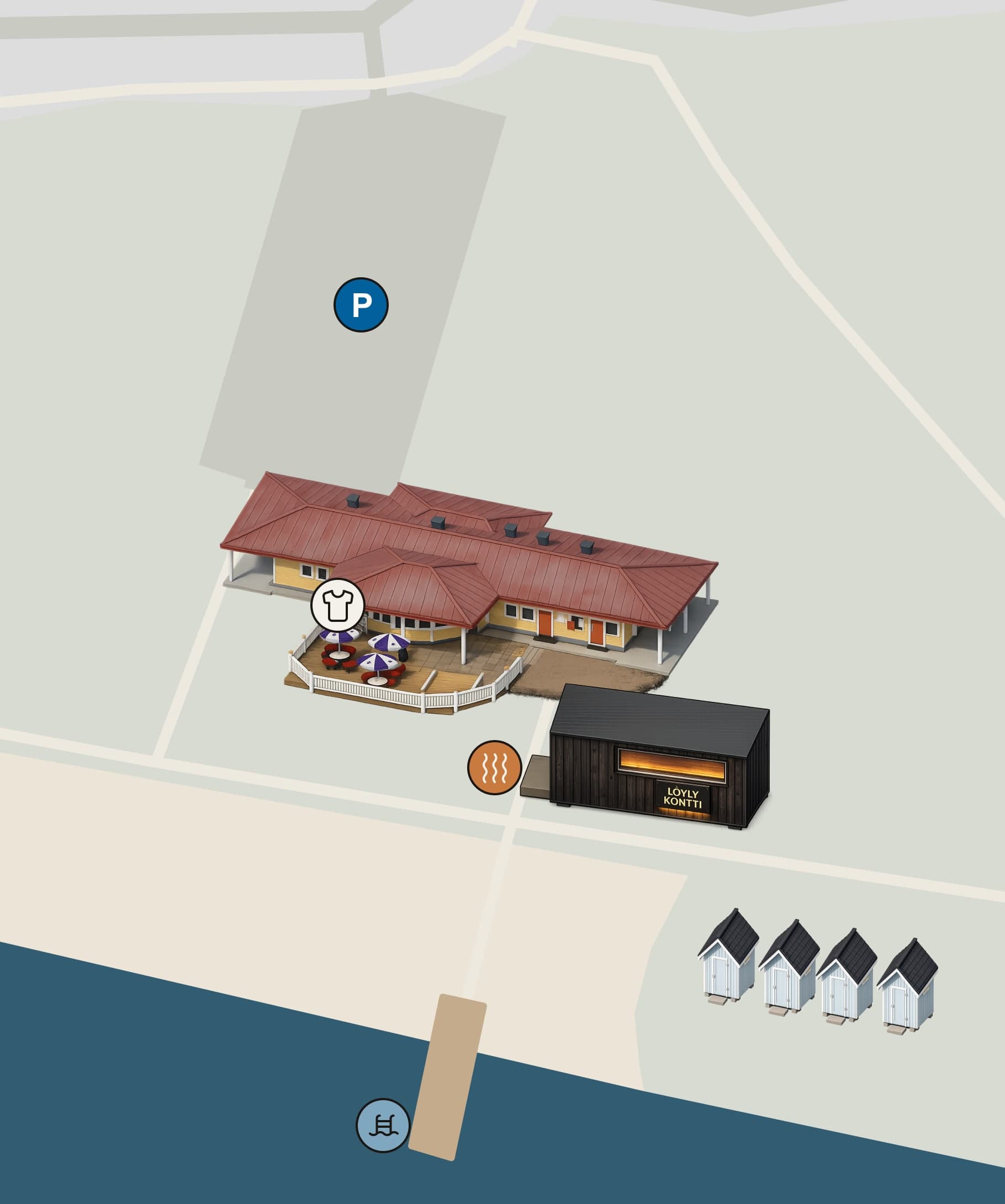 Site map of Tuira. The parking area is behind Cafe Rantsu. The changing rooms, showers and toilets are in Cafe Rantsu. Löylykontti is next to the building, closer to the river, and the swimming pier is on the shore.